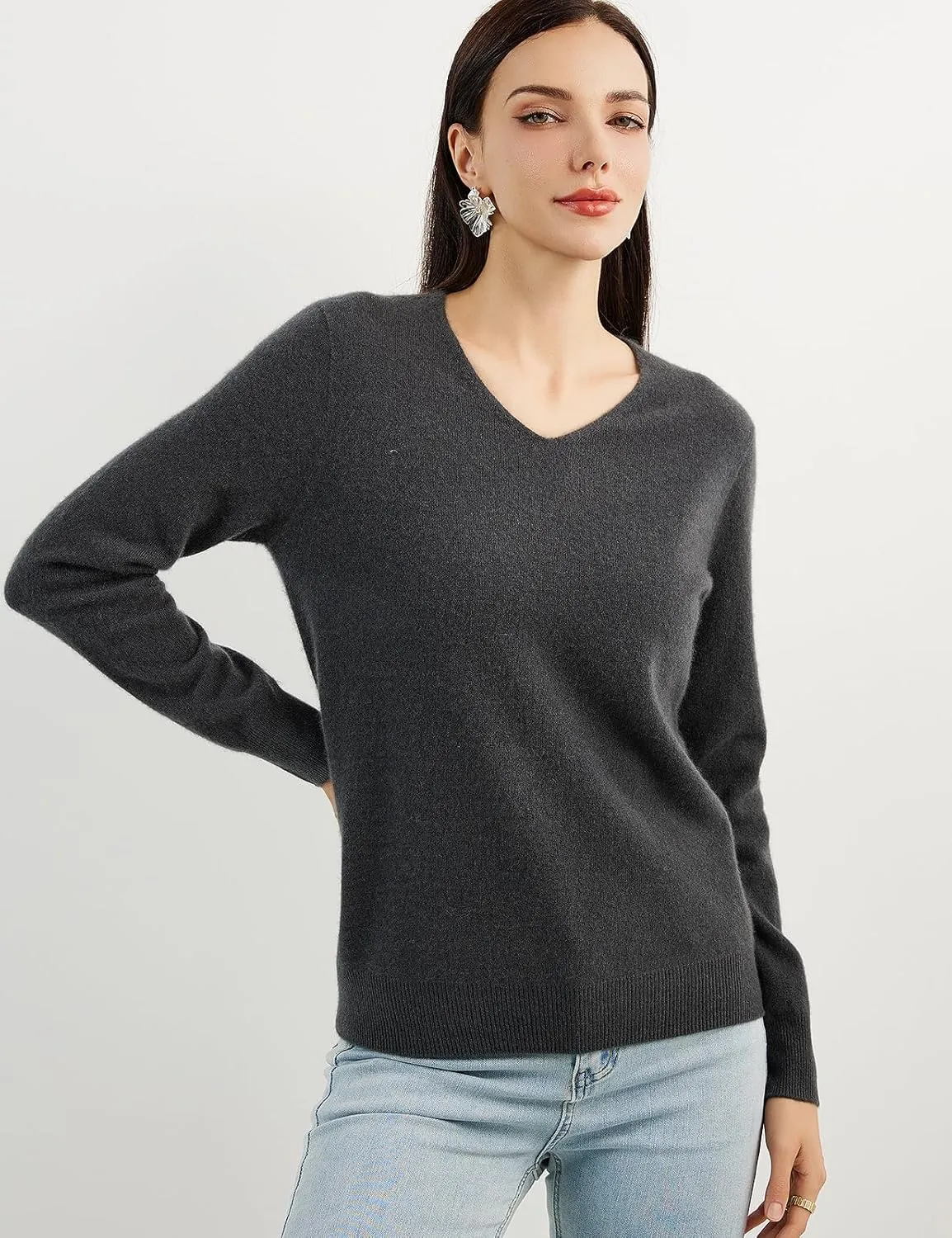 100% Pure Cashmere Women's Sweater V-Neck Long Sleeve 2025 Fall Winter Warm Soft Knit Pullover