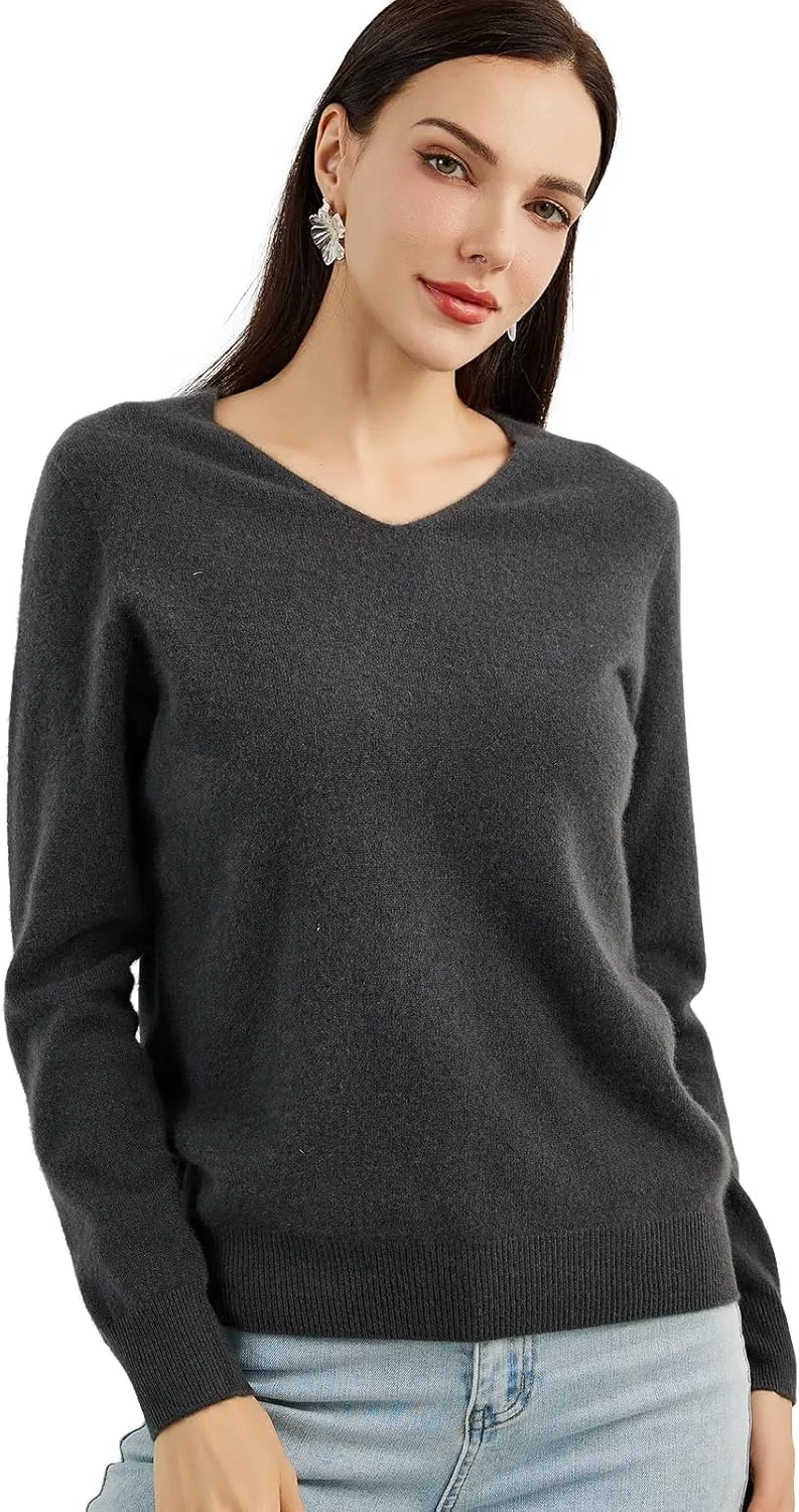 100% Pure Cashmere Women's Sweater V-Neck Long Sleeve 2025 Fall Winter Warm Soft Knit Pullover