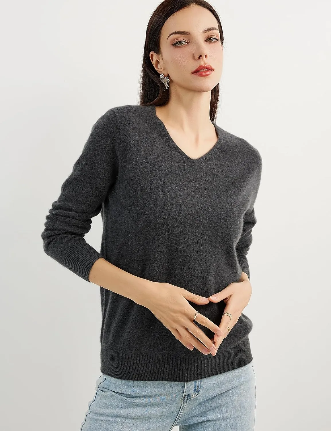 100% Pure Cashmere Women's Sweater V-Neck Long Sleeve 2025 Fall Winter Warm Soft Knit Pullover