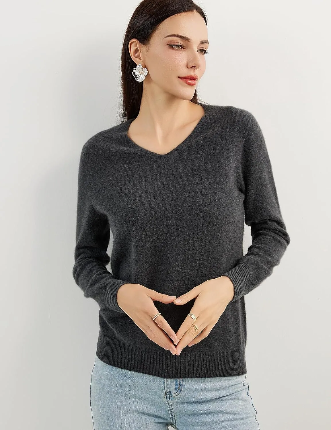 100% Pure Cashmere Women's Sweater V-Neck Long Sleeve 2025 Fall Winter Warm Soft Knit Pullover
