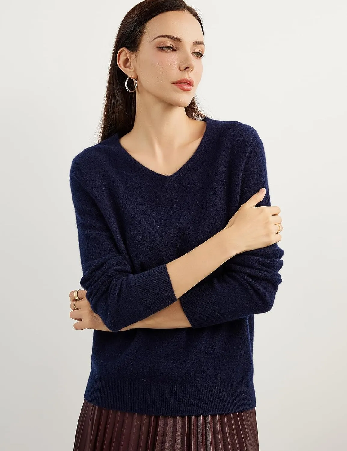 100% Pure Cashmere Women's Sweater V-Neck Long Sleeve 2025 Fall Winter Warm Soft Knit Pullover