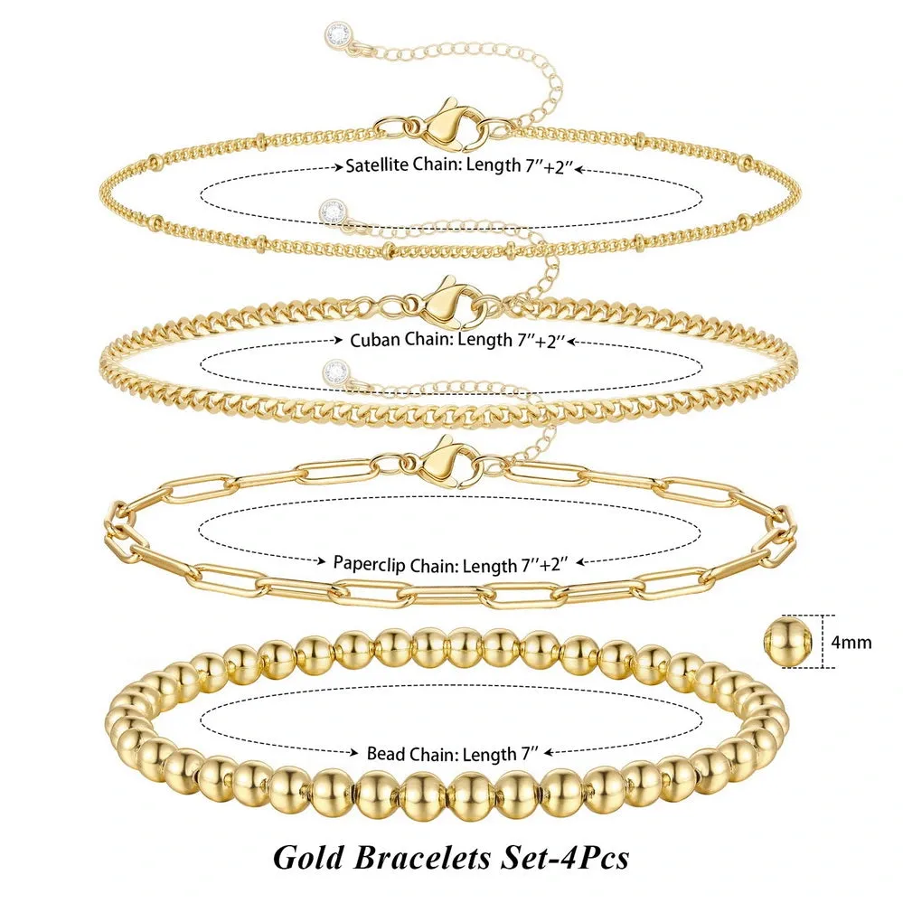 14K Gold Dainty Layered Beaded Ball Bracelets Sets-4pcs