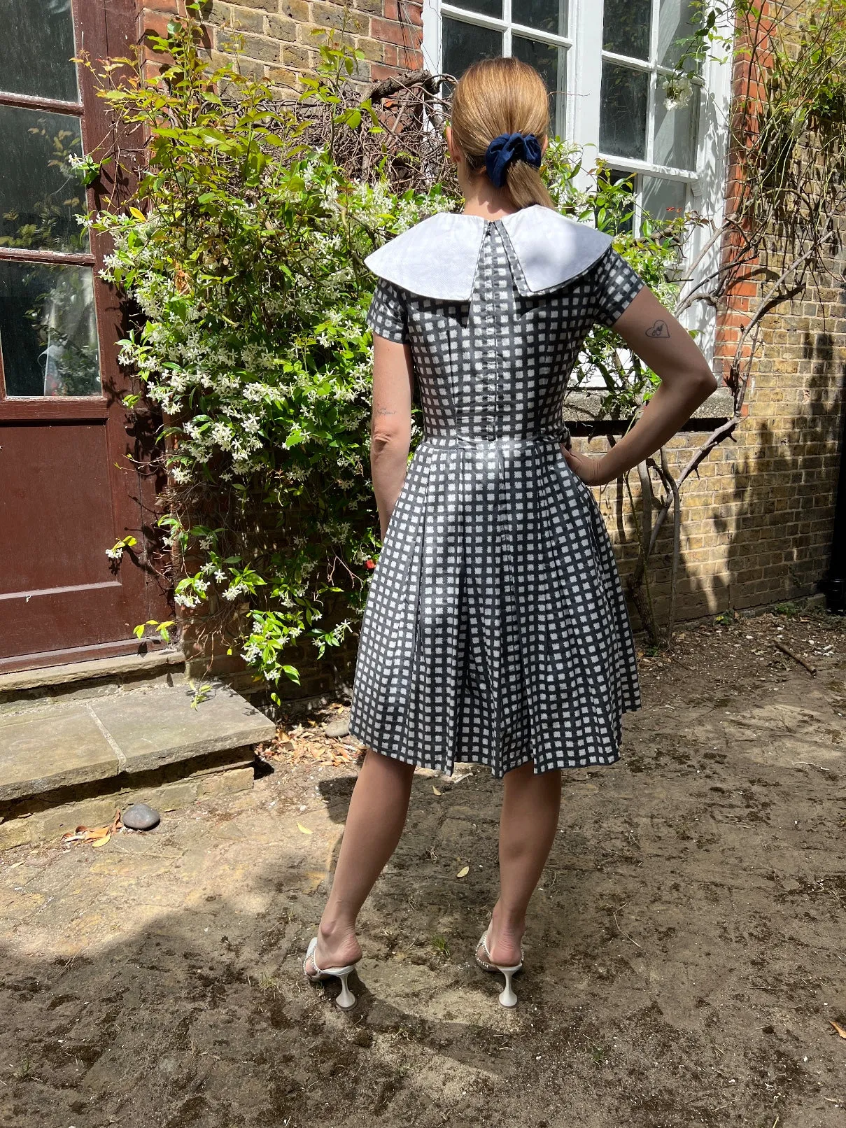 1950s Grey and White Cotton Box Pleat Dress