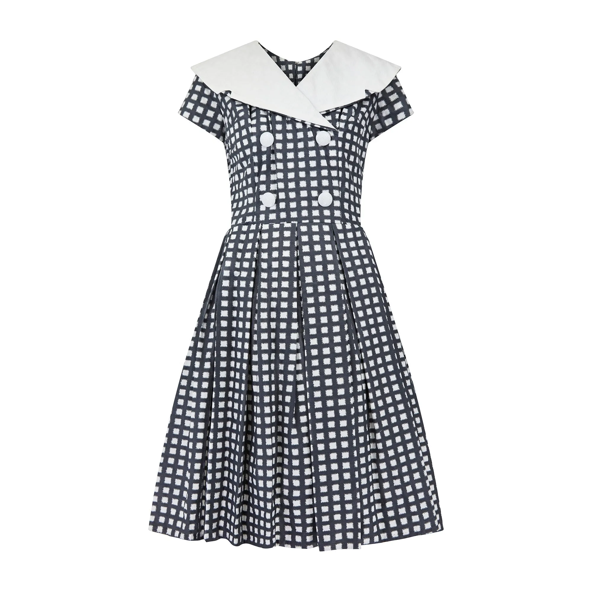 1950s Grey and White Cotton Box Pleat Dress