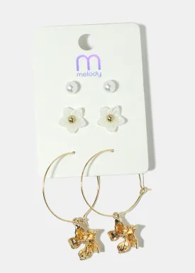 3-Pair Pearl & Flower Earrings