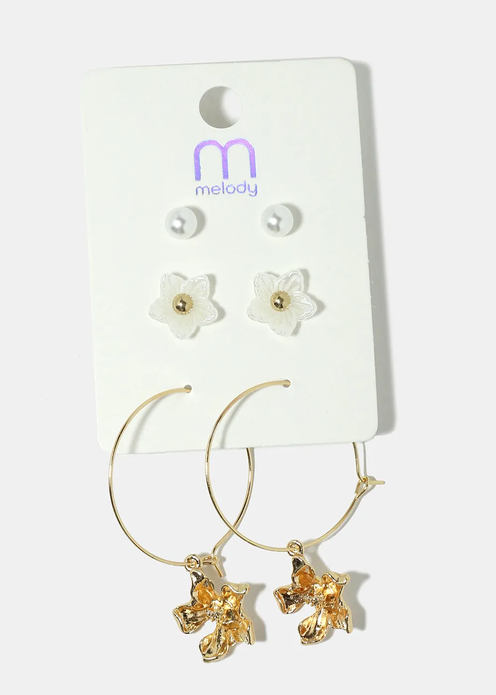 3-Pair Pearl & Flower Earrings