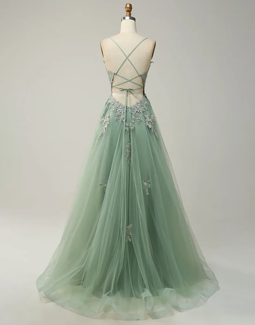 A-Line Tulle Spaghetti Straps Appliques Long Prom Dress with Alit