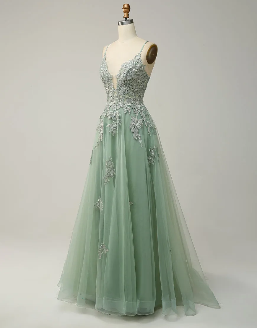 A-Line Tulle Spaghetti Straps Appliques Long Prom Dress with Alit