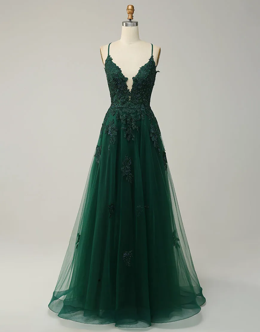 A-Line Tulle Spaghetti Straps Appliques Long Prom Dress with Alit