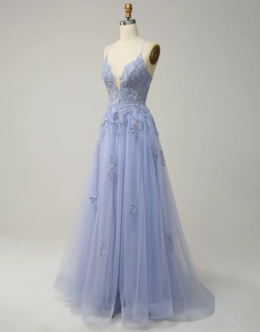A-Line Tulle Spaghetti Straps Appliques Long Prom Dress with Alit