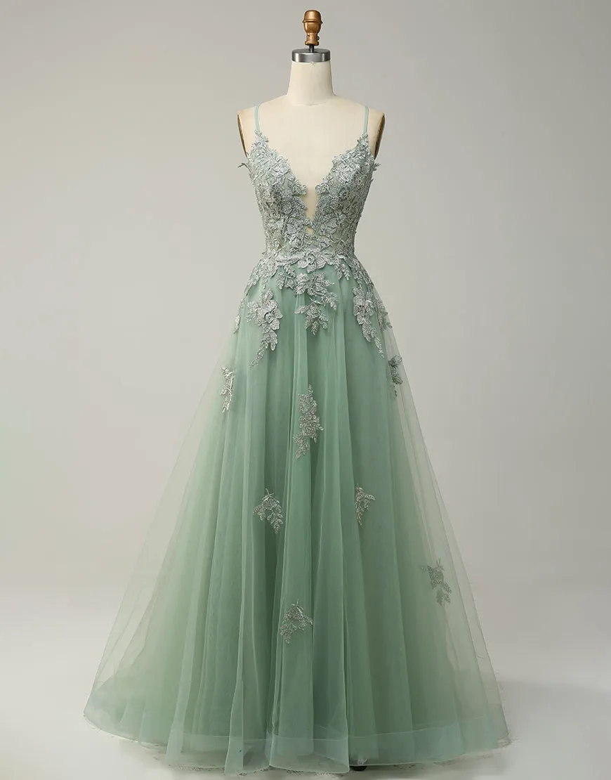 A-Line Tulle Spaghetti Straps Appliques Long Prom Dress with Alit