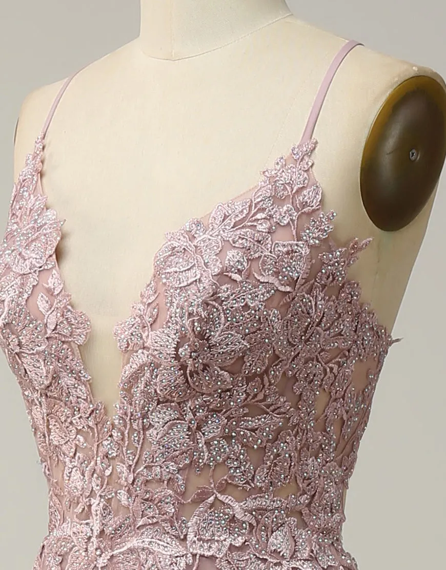 A-Line Tulle Spaghetti Straps Appliques Long Prom Dress with Alit