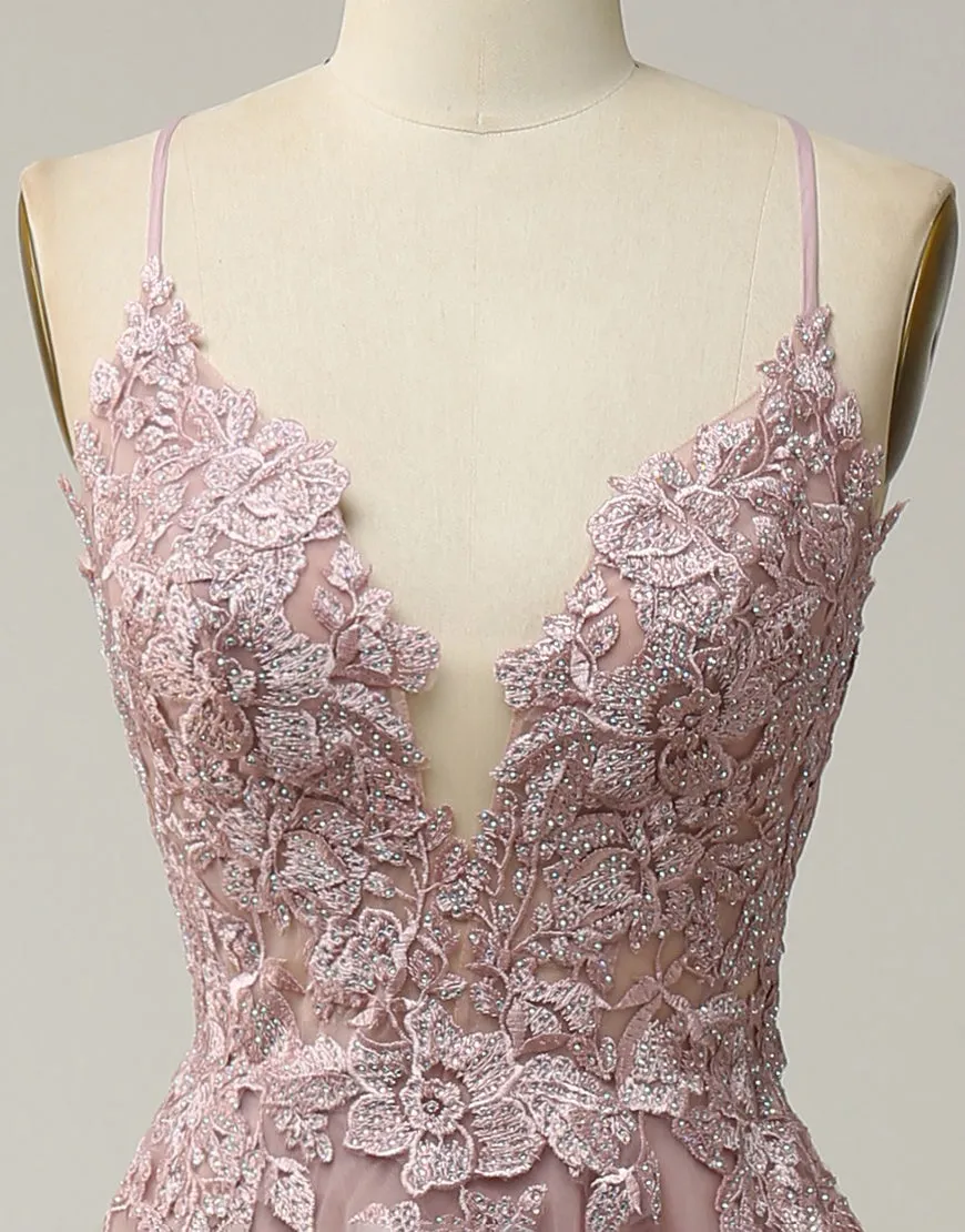 A-Line Tulle Spaghetti Straps Appliques Long Prom Dress with Alit