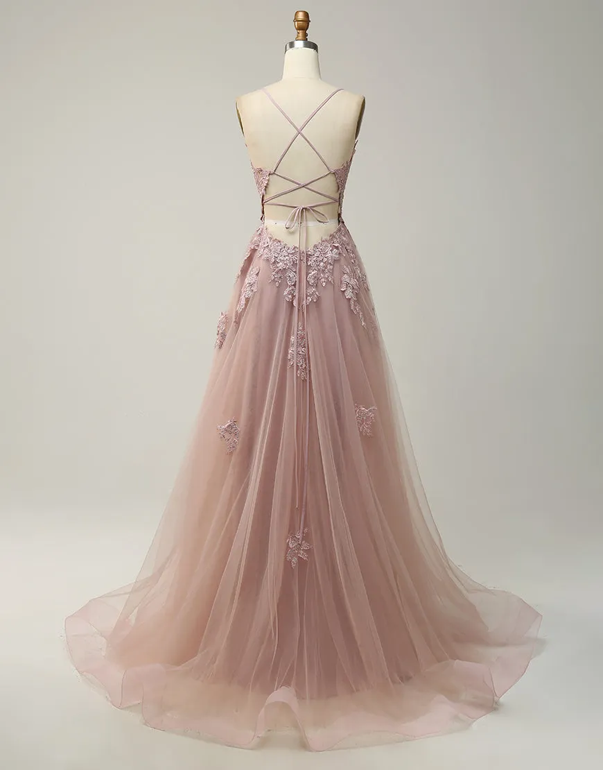 A-Line Tulle Spaghetti Straps Appliques Long Prom Dress with Alit