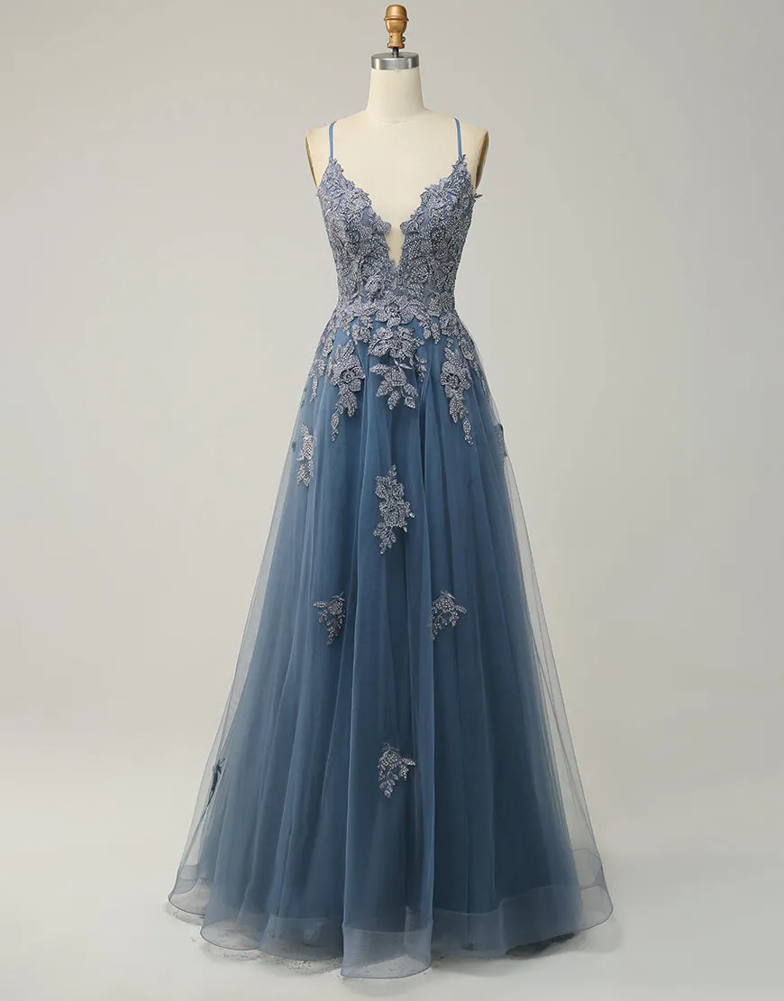 A-Line Tulle Spaghetti Straps Appliques Long Prom Dress with Alit