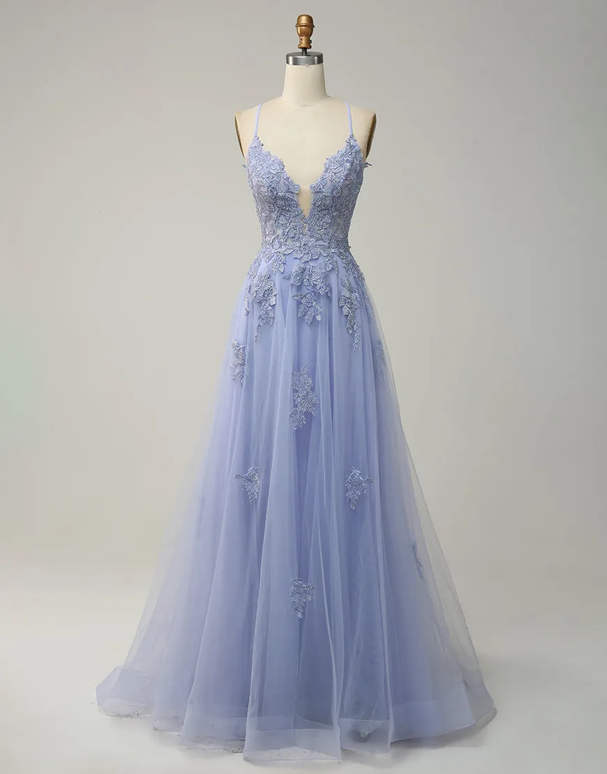 A-Line Tulle Spaghetti Straps Appliques Long Prom Dress with Alit