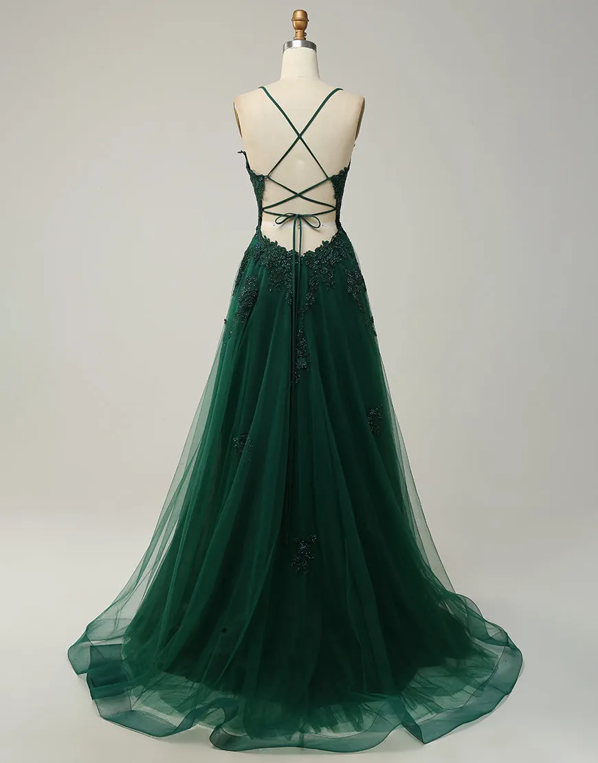 A-Line Tulle Spaghetti Straps Appliques Long Prom Dress with Alit