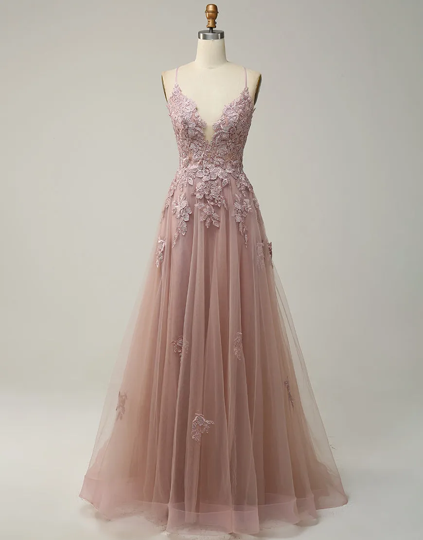 A-Line Tulle Spaghetti Straps Appliques Long Prom Dress with Alit