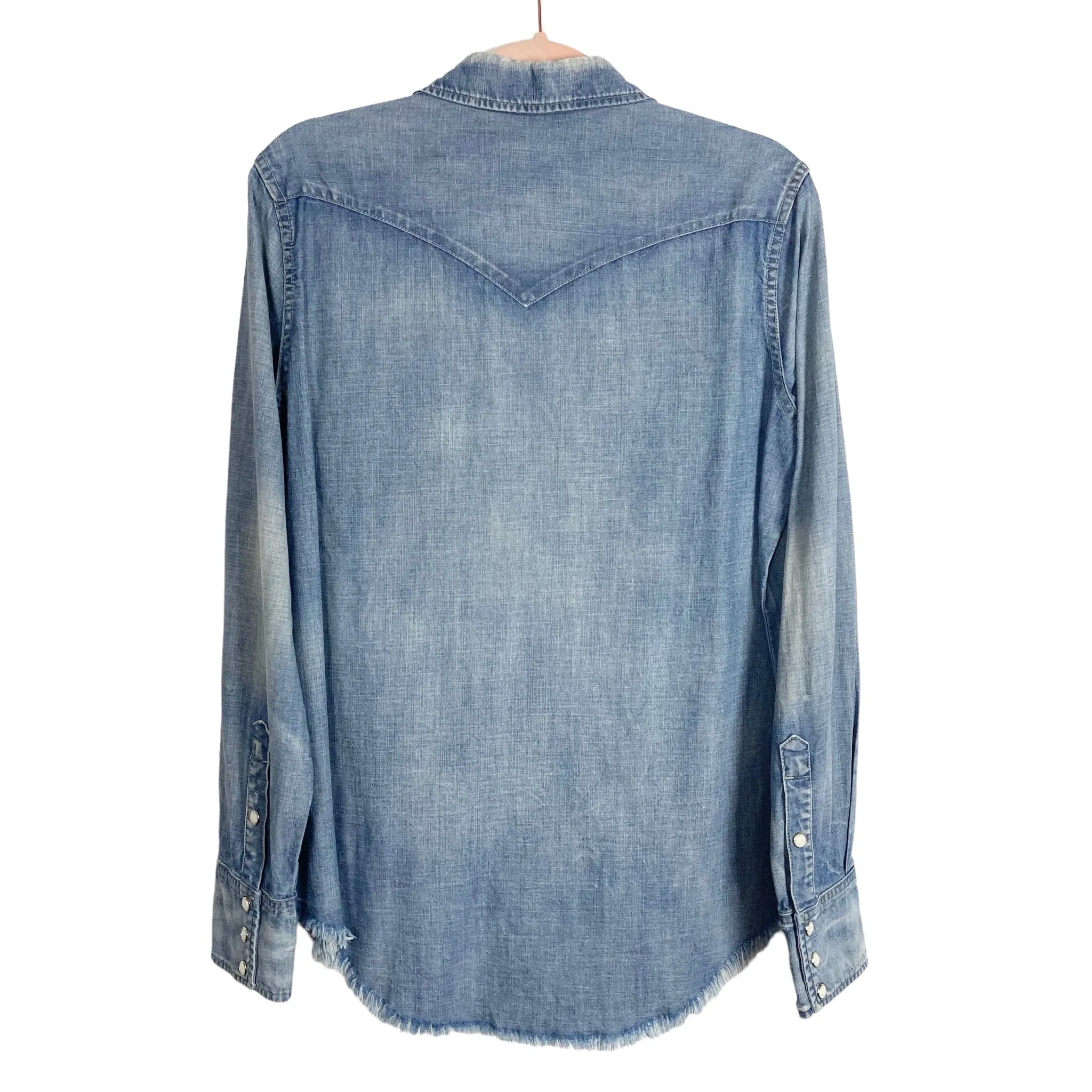 Able Denim Lightly Distressed with Frayed Hem Button Up- Size L