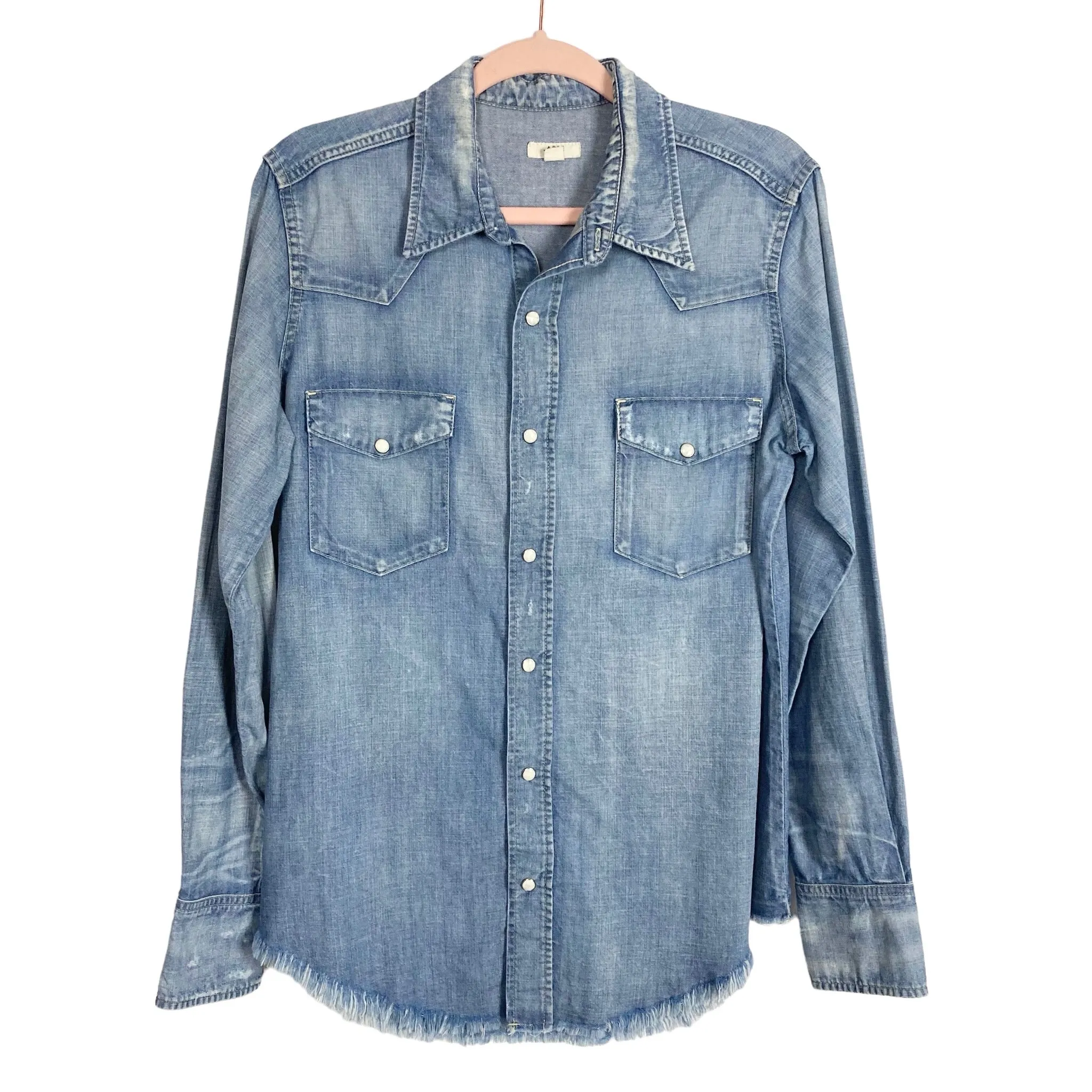 Able Denim Lightly Distressed with Frayed Hem Button Up- Size L