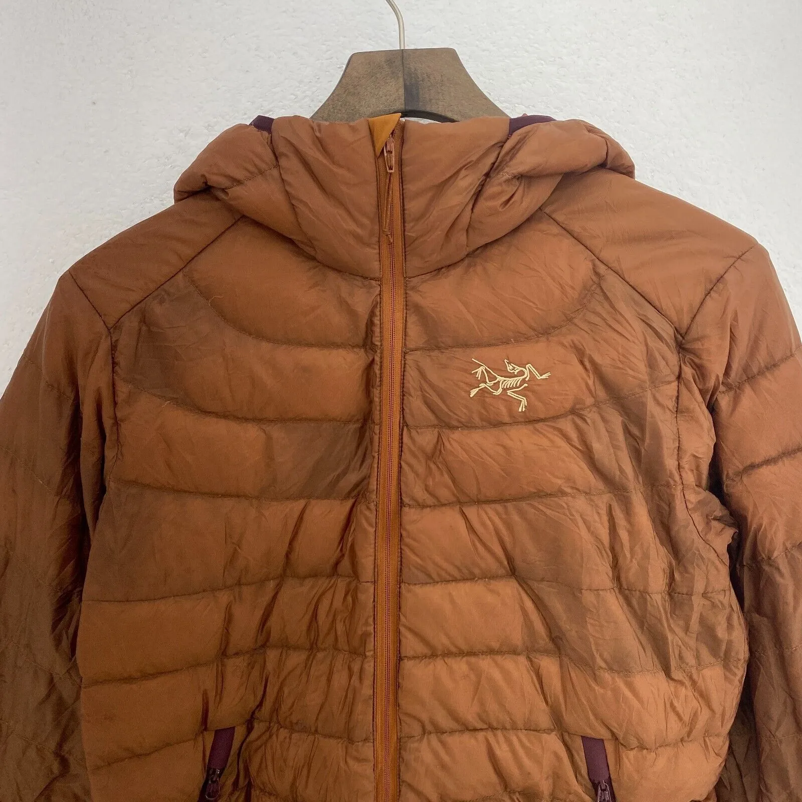 Arcteryx Logo Vintage Brown Puffer Full Zip Down Jacket Size S Women's Hooded