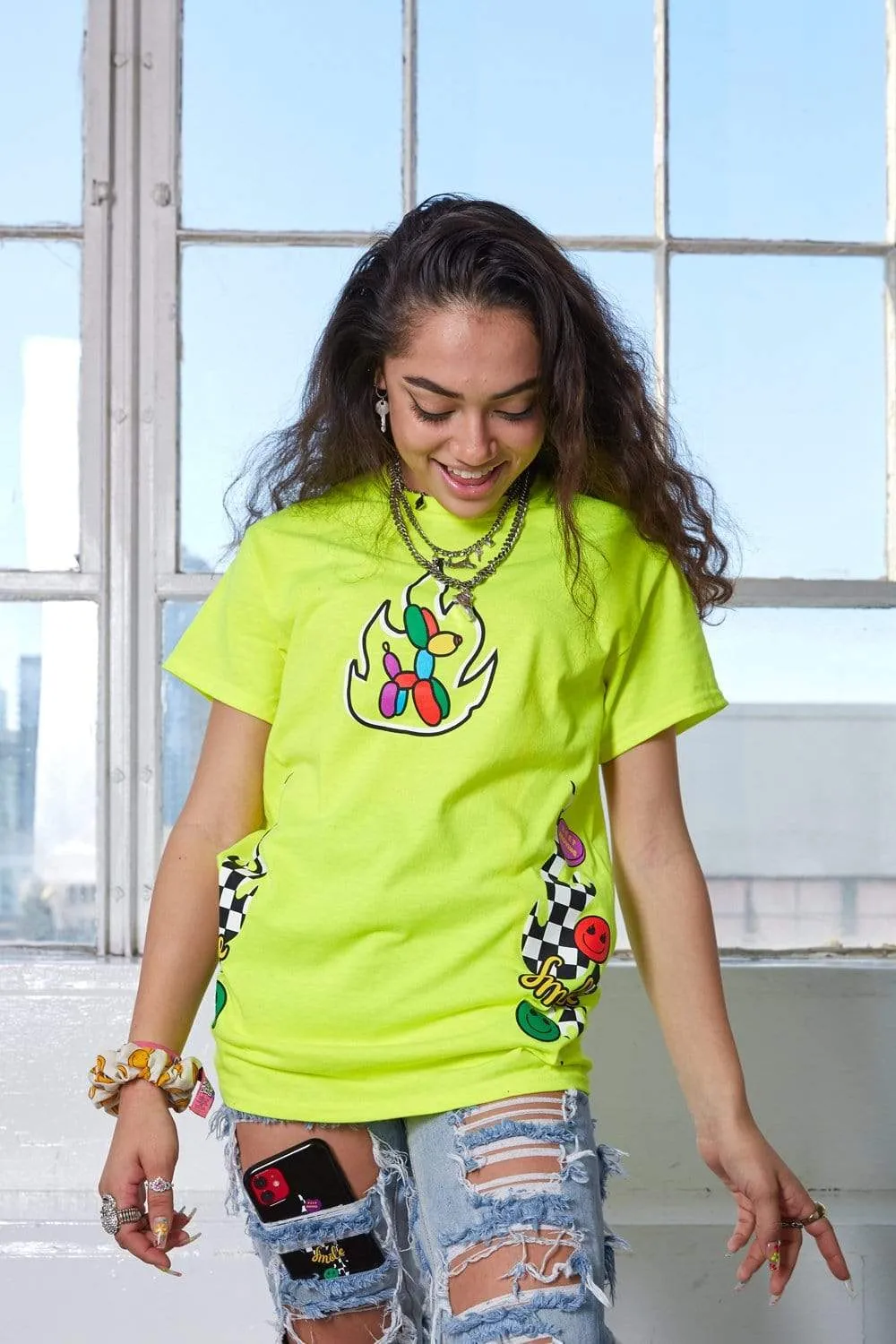 Avani Checkers and Smiles Neon Green Shirt