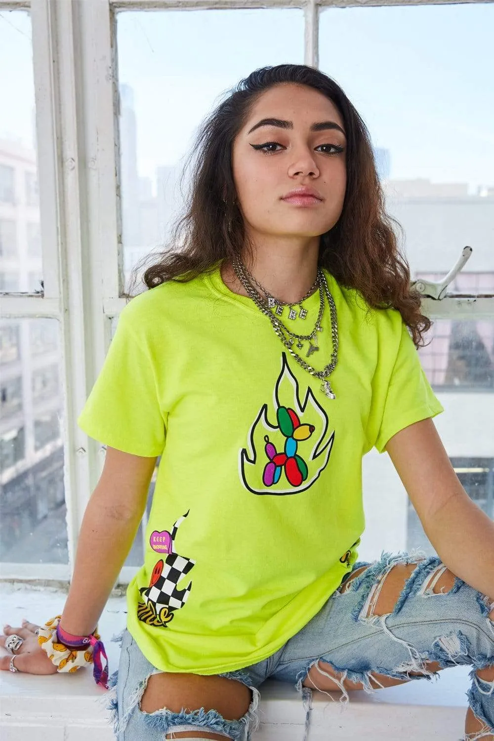 Avani Checkers and Smiles Neon Green Shirt