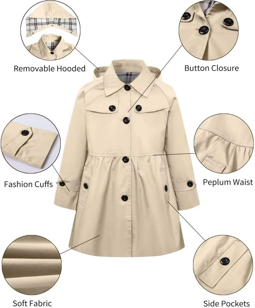 Betusline Girl's Rain Jackets Lightweight Waterproof Hooded Trench Coat Raincoats for Kids,2-14 Years