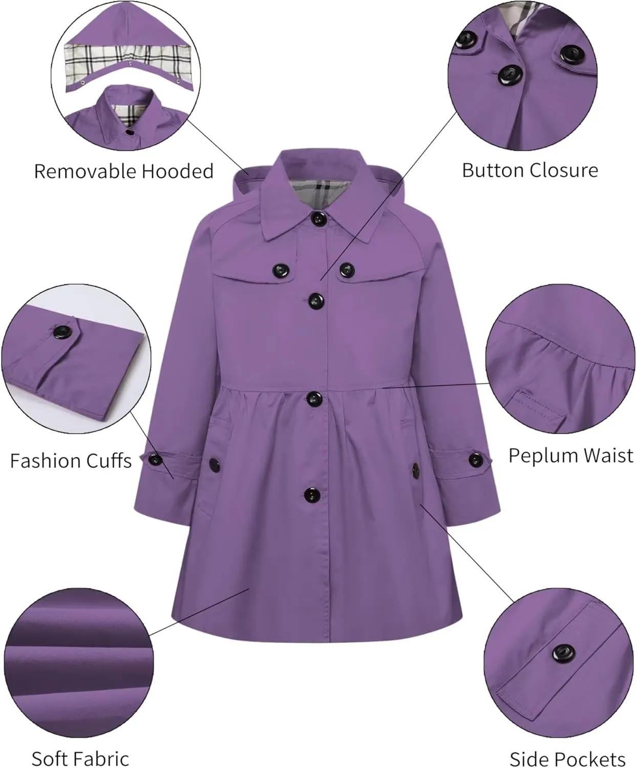 Betusline Girl's Rain Jackets Lightweight Waterproof Hooded Trench Coat Raincoats for Kids,2-14 Years