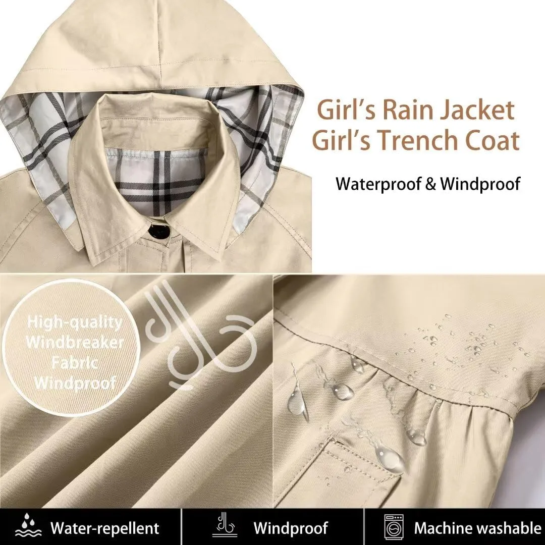 Betusline Girl's Rain Jackets Lightweight Waterproof Hooded Trench Coat Raincoats for Kids,2-14 Years