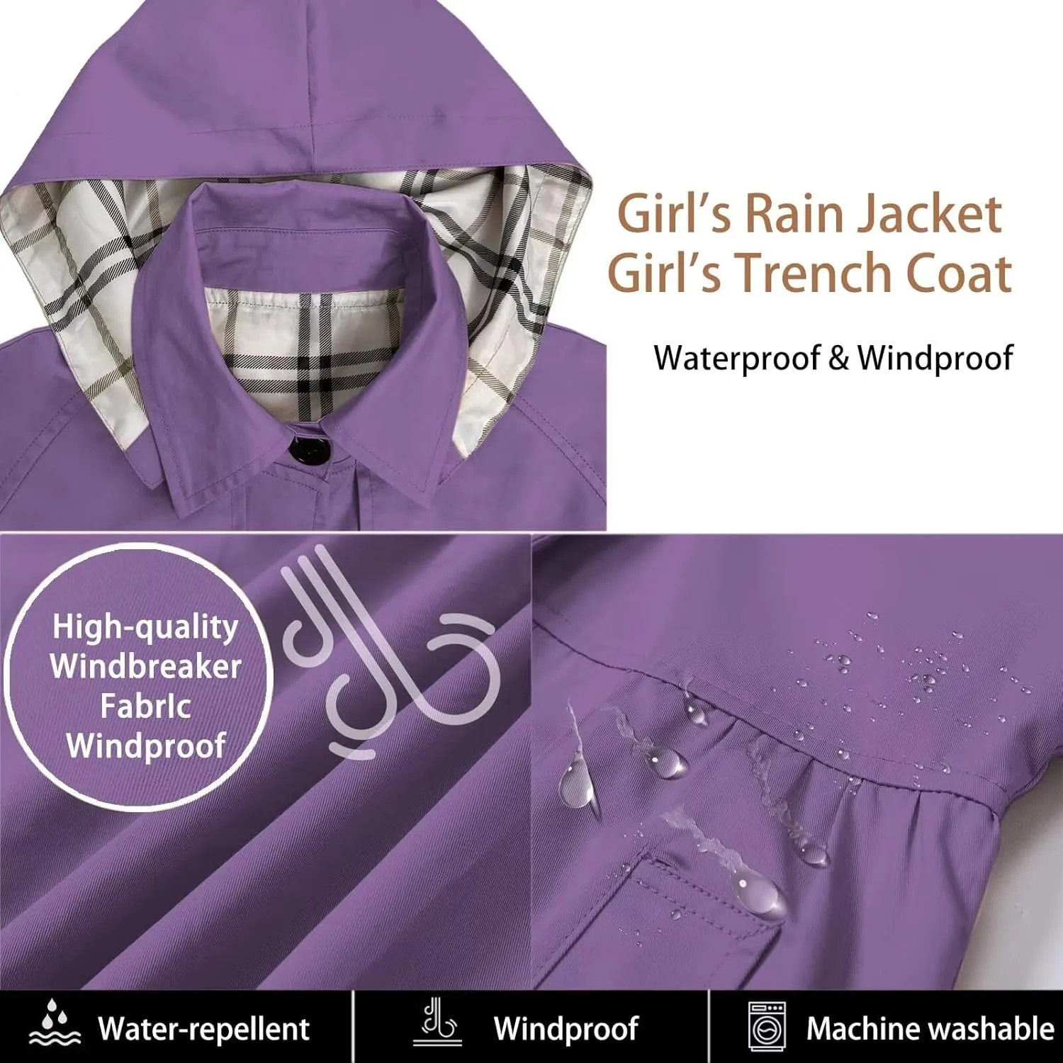 Betusline Girl's Rain Jackets Lightweight Waterproof Hooded Trench Coat Raincoats for Kids,2-14 Years