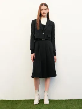 Black Cashmere Woolen Tweed Suit Coat&Skirt&Belt