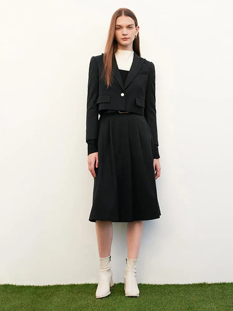 Black Cashmere Woolen Tweed Suit Coat&Skirt&Belt
