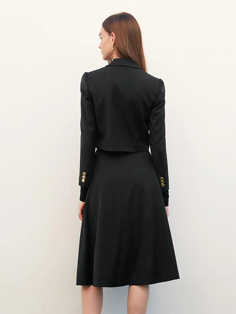 Black Cashmere Woolen Tweed Suit Coat&Skirt&Belt