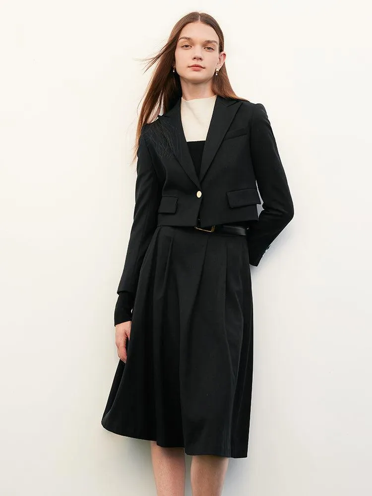Black Cashmere Woolen Tweed Suit Coat&Skirt&Belt
