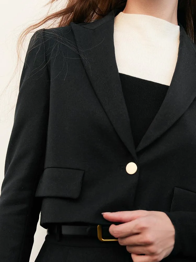 Black Cashmere Woolen Tweed Suit Coat&Skirt&Belt