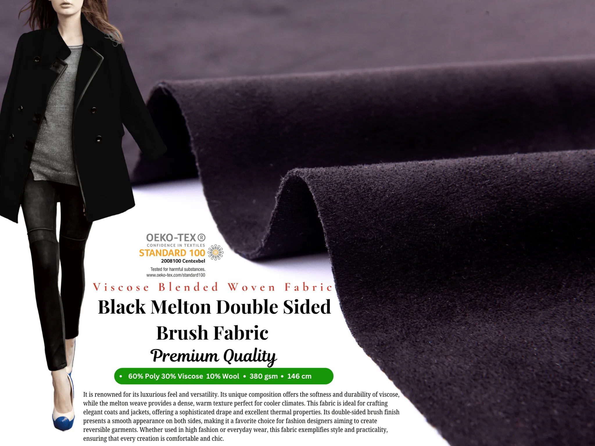 Black Melton Double Sided Brush Fabric, Black woolen Fabric, Wool Blended Material, Coat making Fabric, Fall Winter Textiles