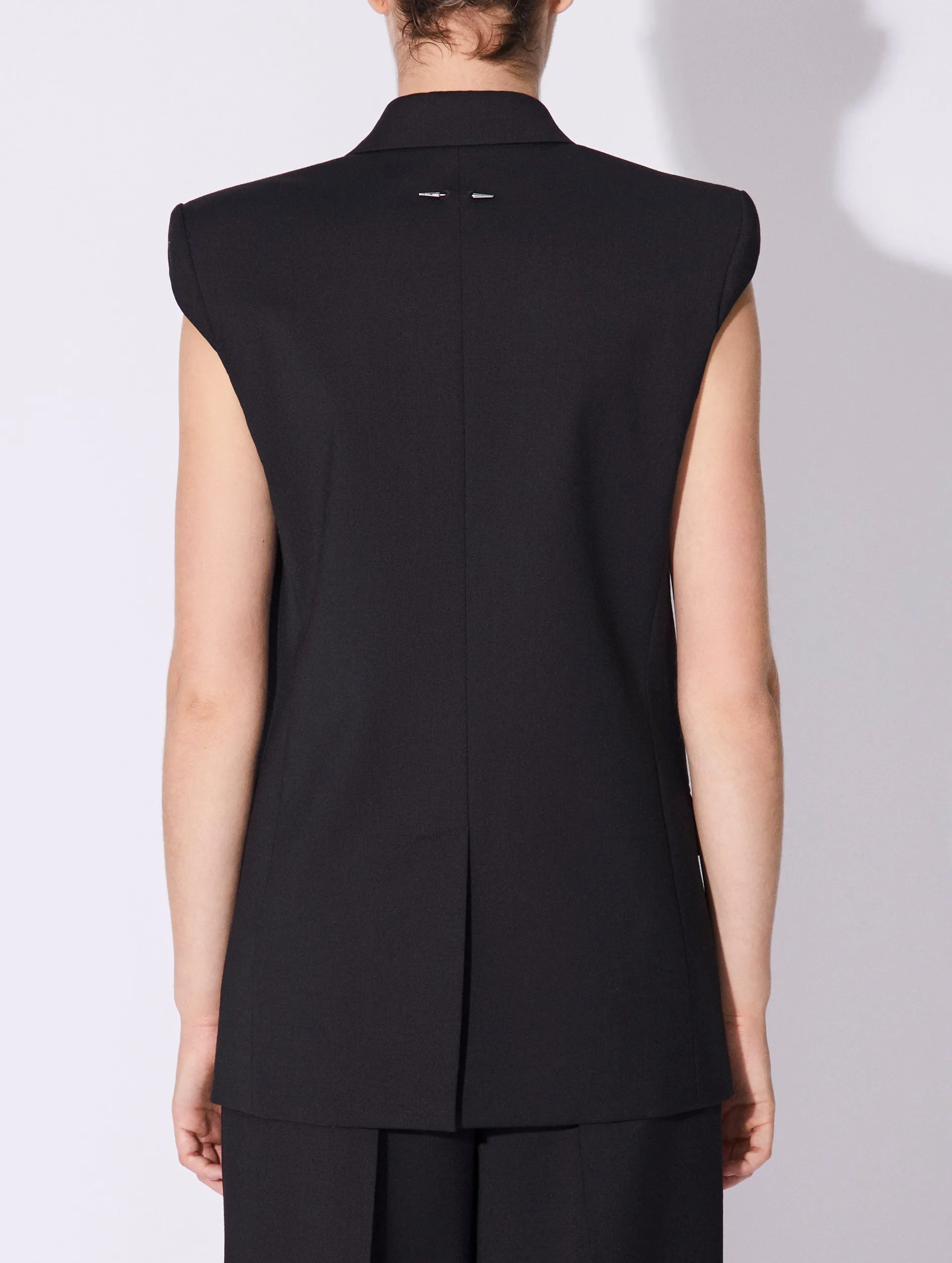 Black stretch wool gabardine sleeveless jacket