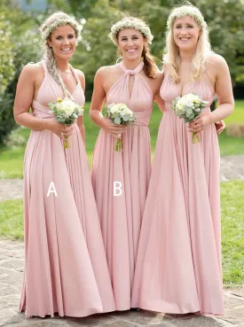 Blush Pink A/B Pattern Satin Pleated Convertible Long Bridesmaid dress OB120