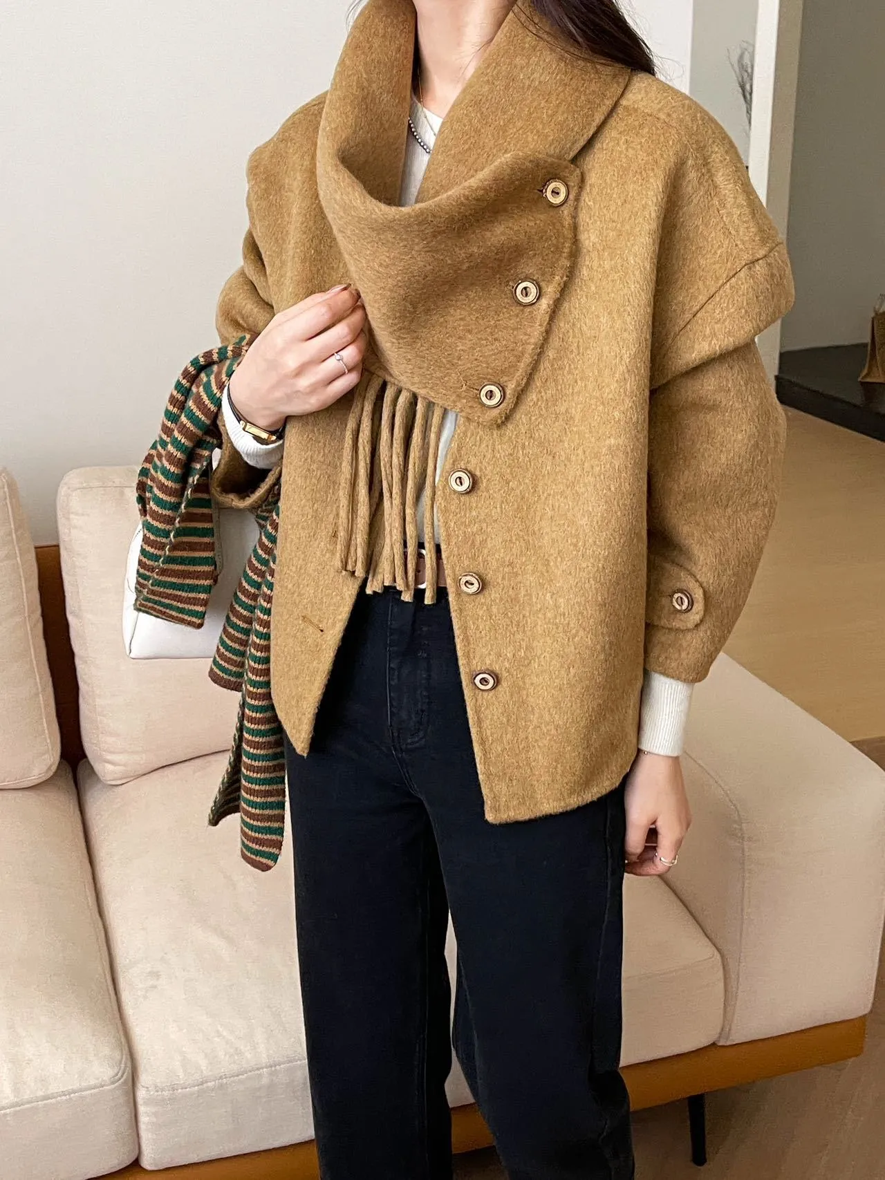 Bonnyshow frat outfits Solid Color Scarf Single Row Multi-Buckle Drop Shoulder Sleeve Double-Sided Cashmere Coat High-Grade Woolen Coat for Women Autumn and Winter New