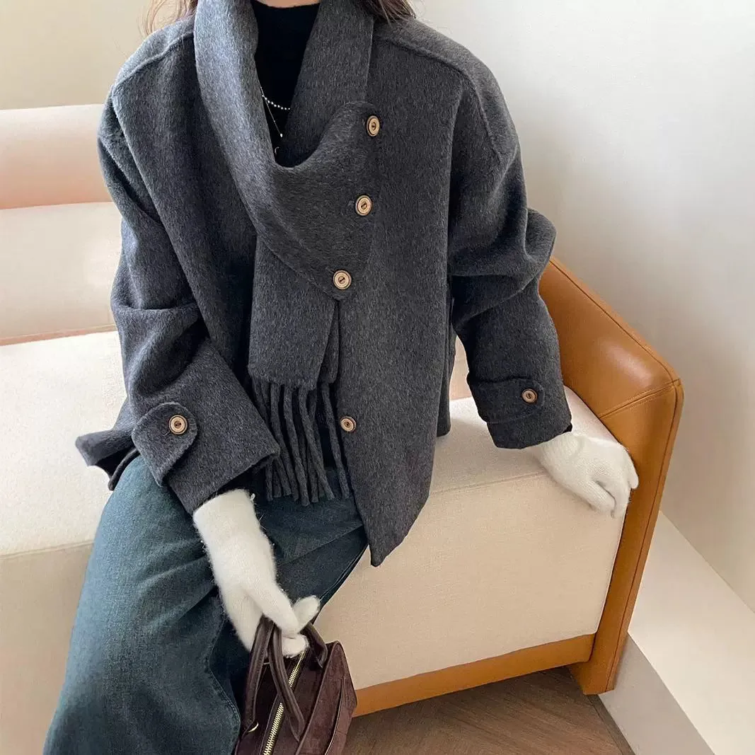 Bonnyshow frat outfits Solid Color Scarf Single Row Multi-Buckle Drop Shoulder Sleeve Double-Sided Cashmere Coat High-Grade Woolen Coat for Women Autumn and Winter New