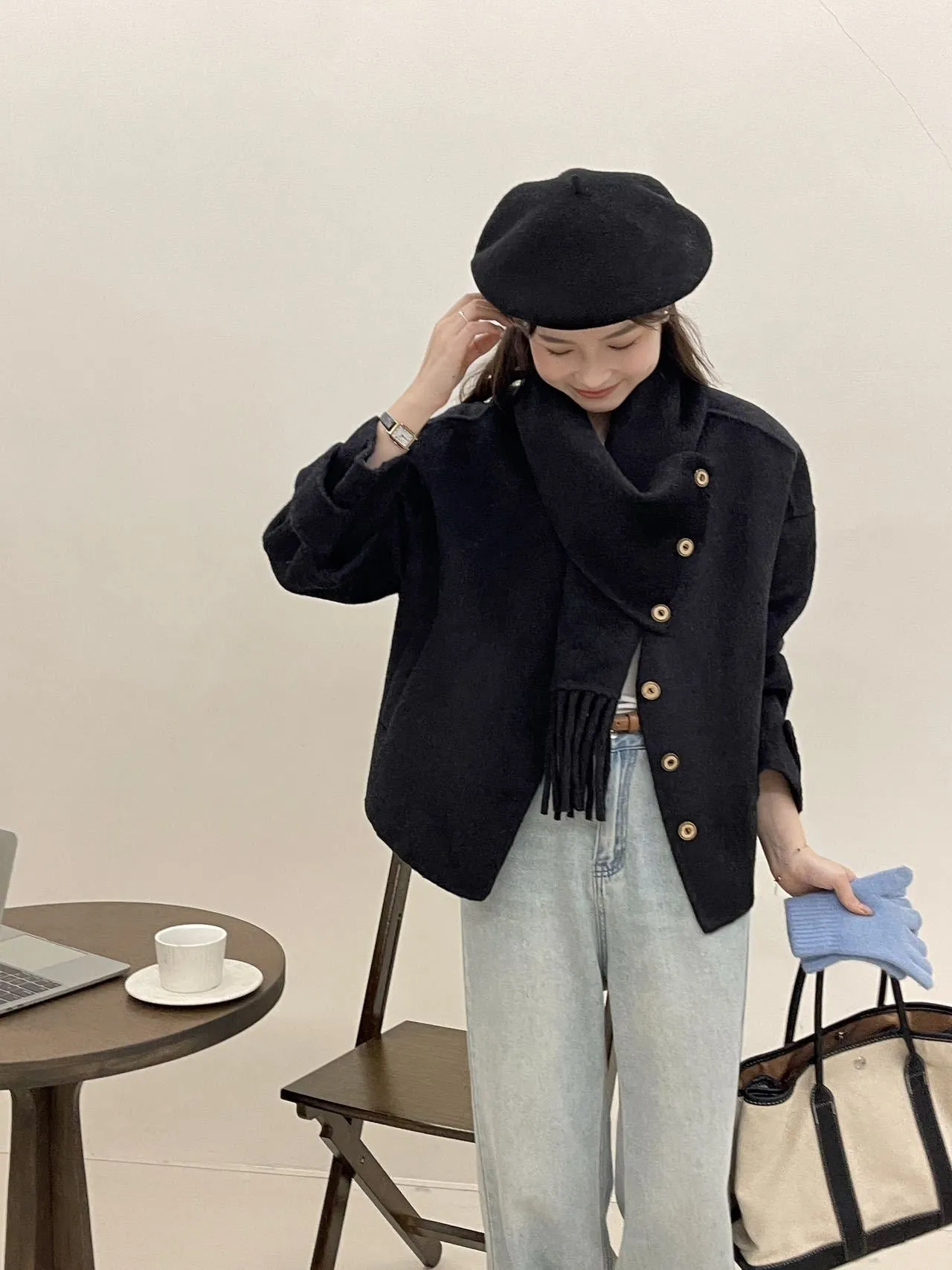 Bonnyshow frat outfits Solid Color Scarf Single Row Multi-Buckle Drop Shoulder Sleeve Double-Sided Cashmere Coat High-Grade Woolen Coat for Women Autumn and Winter New