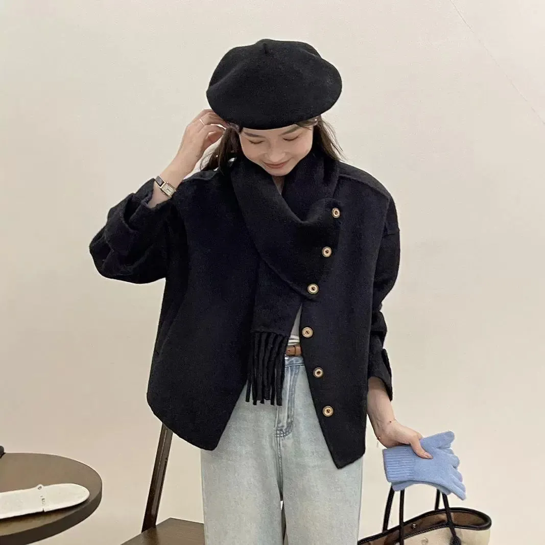 Bonnyshow frat outfits Solid Color Scarf Single Row Multi-Buckle Drop Shoulder Sleeve Double-Sided Cashmere Coat High-Grade Woolen Coat for Women Autumn and Winter New
