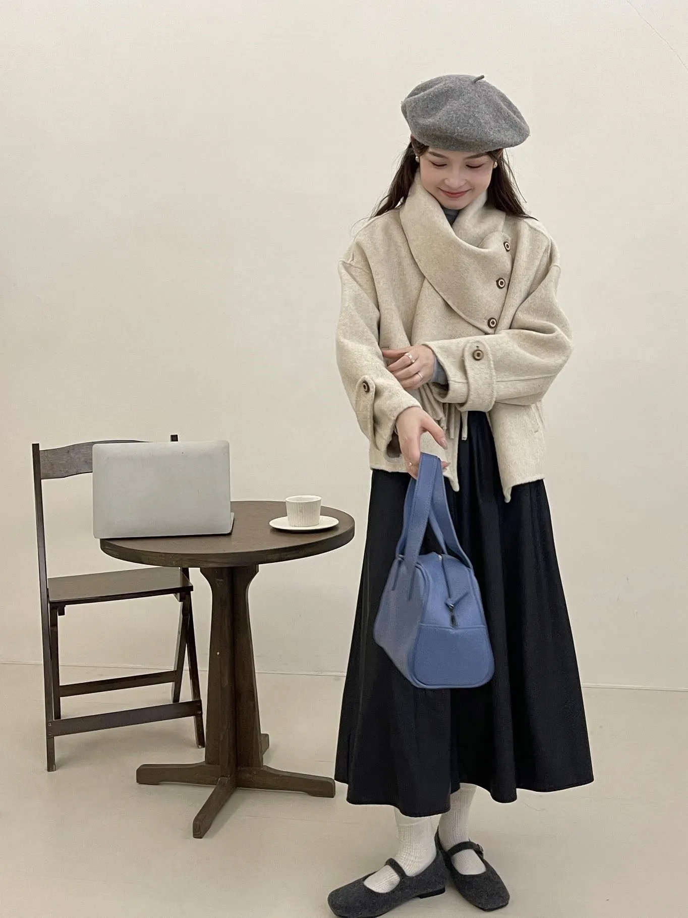 Bonnyshow frat outfits Solid Color Scarf Single Row Multi-Buckle Drop Shoulder Sleeve Double-Sided Cashmere Coat High-Grade Woolen Coat for Women Autumn and Winter New