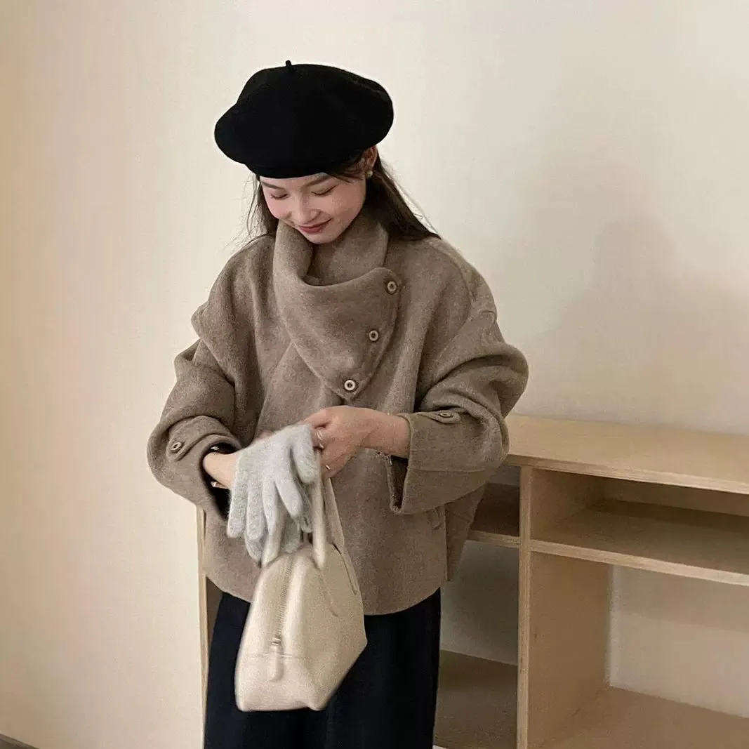 Bonnyshow frat outfits Solid Color Scarf Single Row Multi-Buckle Drop Shoulder Sleeve Double-Sided Cashmere Coat High-Grade Woolen Coat for Women Autumn and Winter New