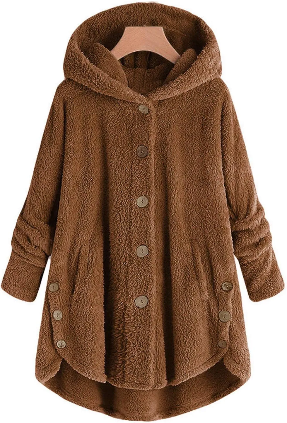 BOXIACEY Plus Size Coats for Women Wool Teddy Bear Coat Fleece Button Down Jacket Plush Hooded Cardigan with Pocket