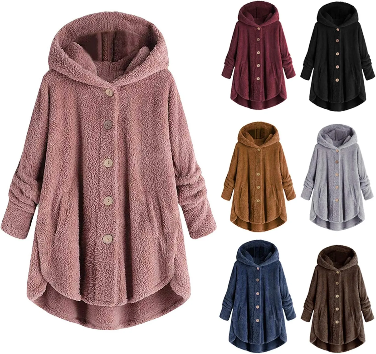 BOXIACEY Plus Size Coats for Women Wool Teddy Bear Coat Fleece Button Down Jacket Plush Hooded Cardigan with Pocket