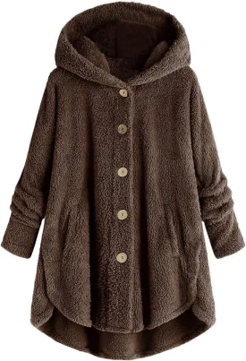 BOXIACEY Plus Size Coats for Women Wool Teddy Bear Coat Fleece Button Down Jacket Plush Hooded Cardigan with Pocket