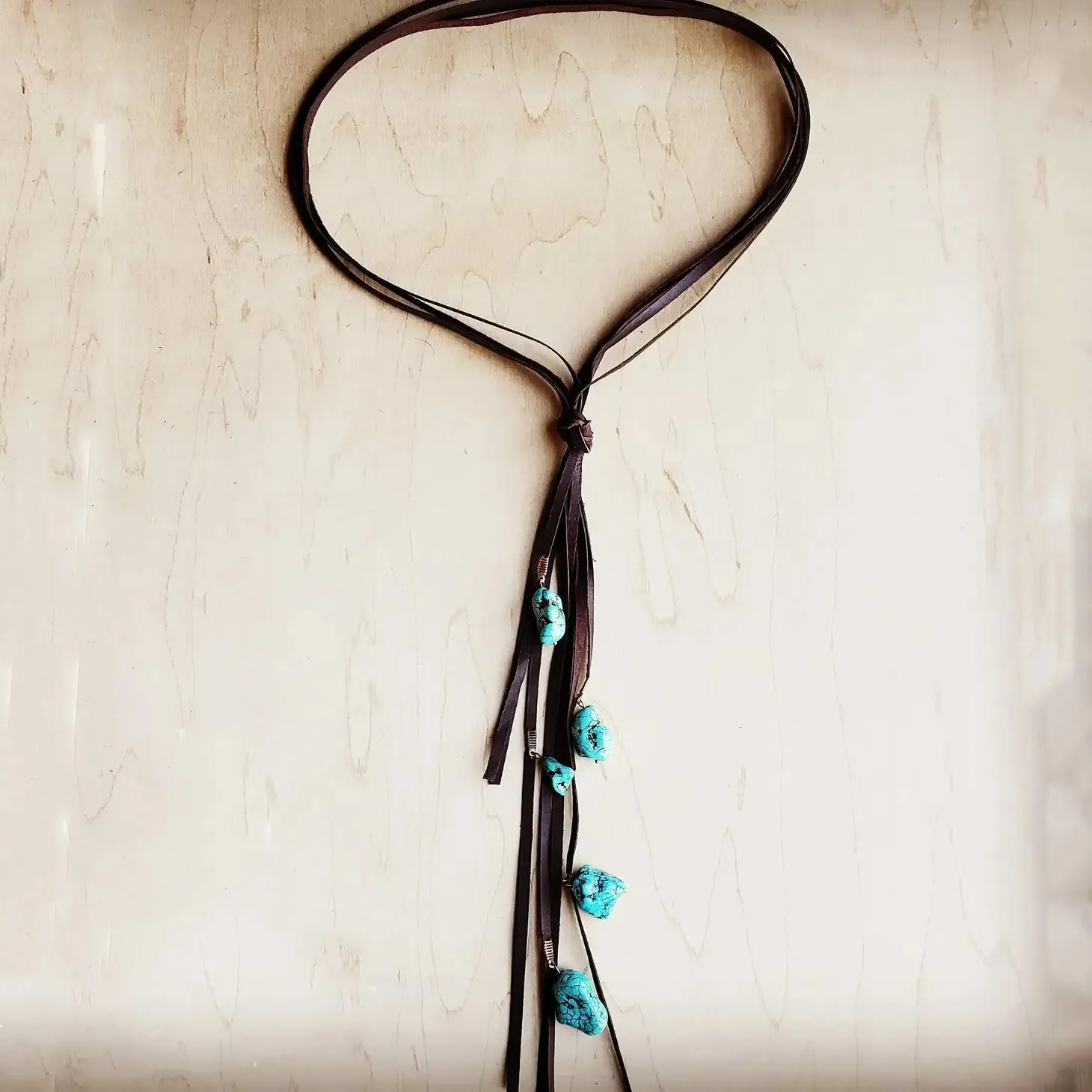 Brown Leather Lasso Necklace with Turquoise Accents