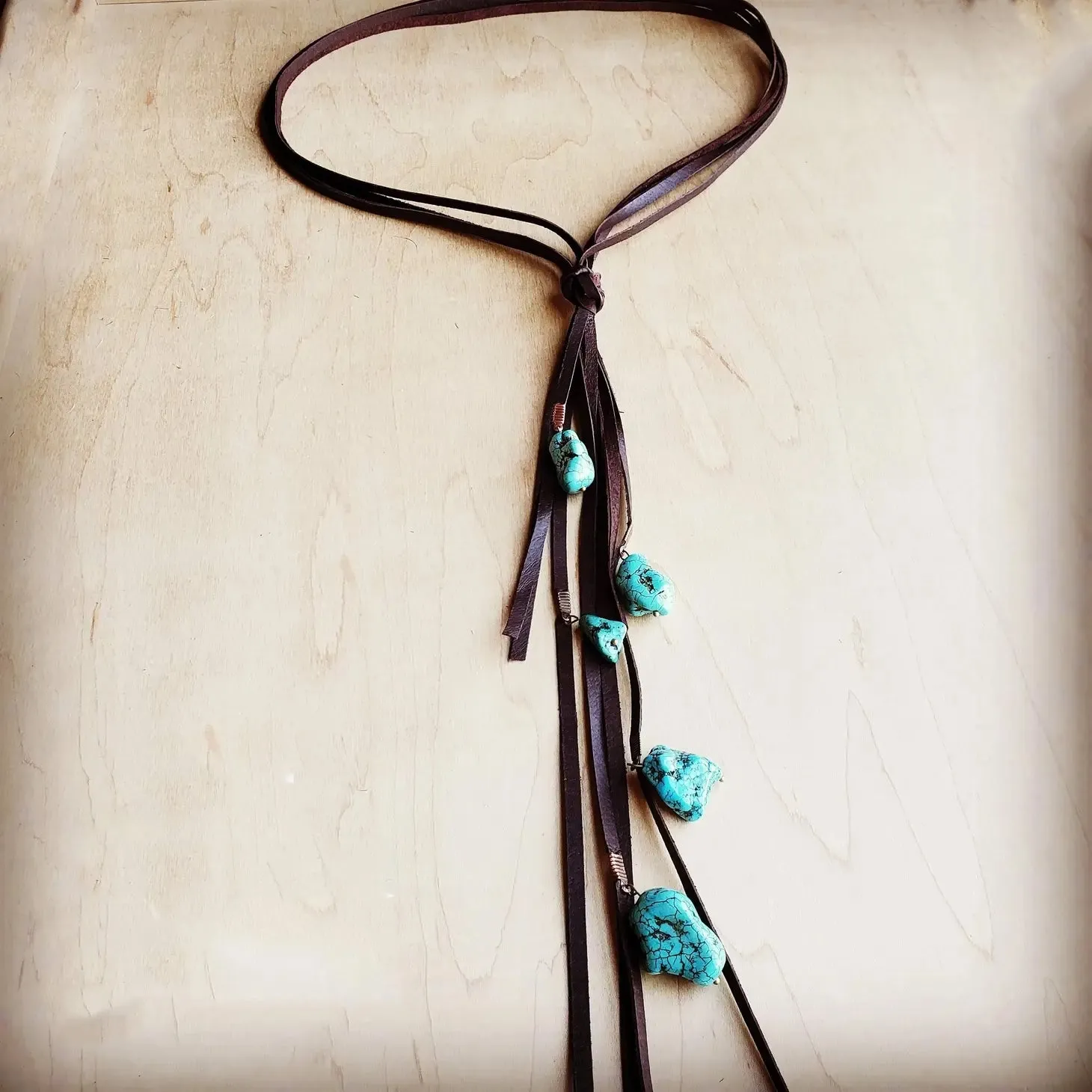 Brown Leather Lasso Necklace with Turquoise Accents